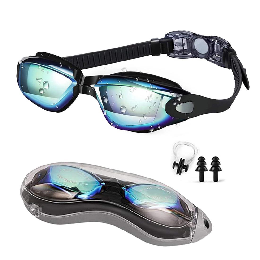hydrinvis Beschichtete Schwimmbrille mit Ohrstöpseln und Nasenclip Für Damen & Herren – Anti-Beschlag & Wasserdicht, UV-Schutz