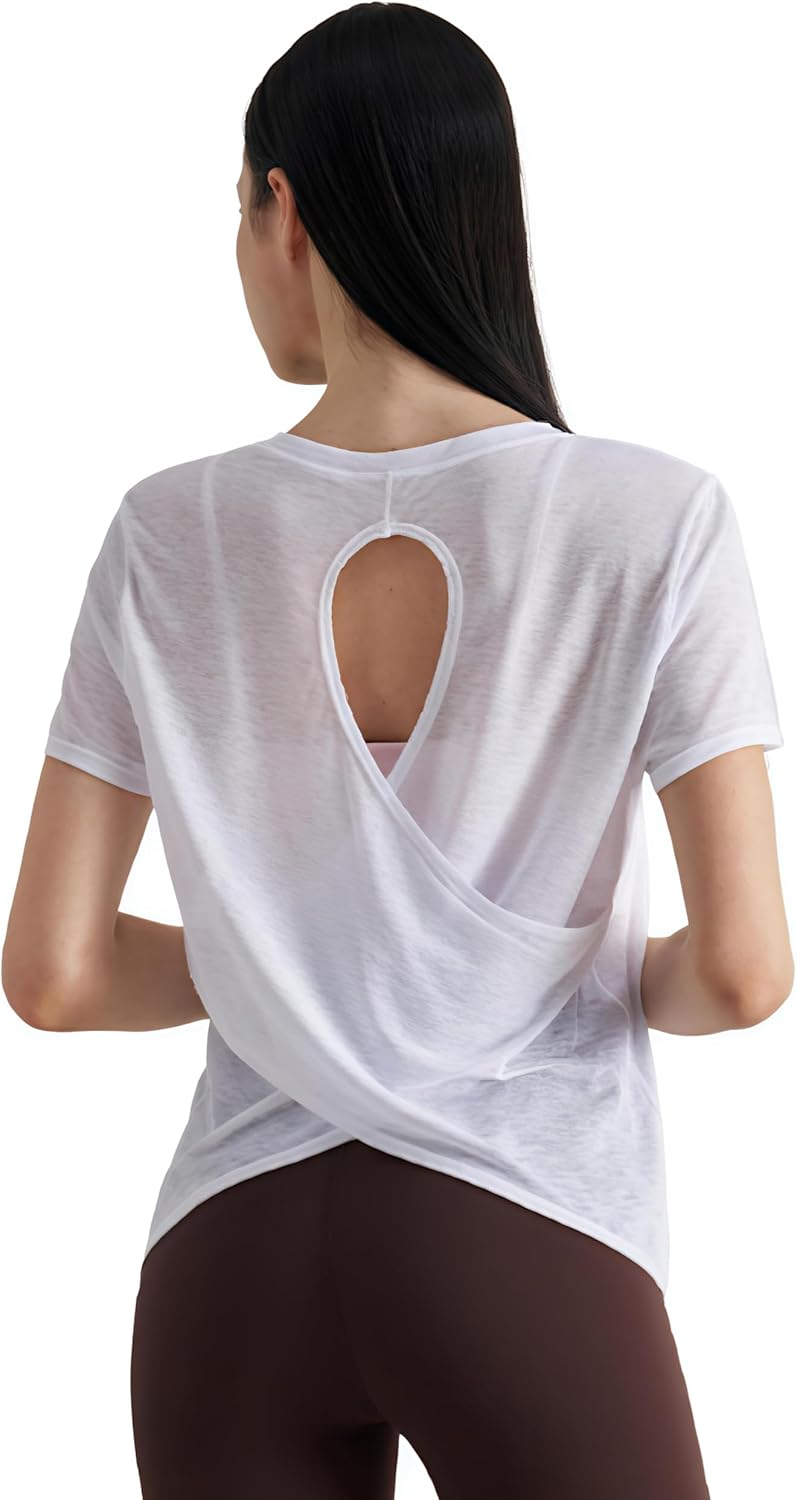 Women Open Back Workout Tops - Short Sleeve Backless Shirt Light Breathable for Gym Yoga Running Y2k Athletic Tee Shirt