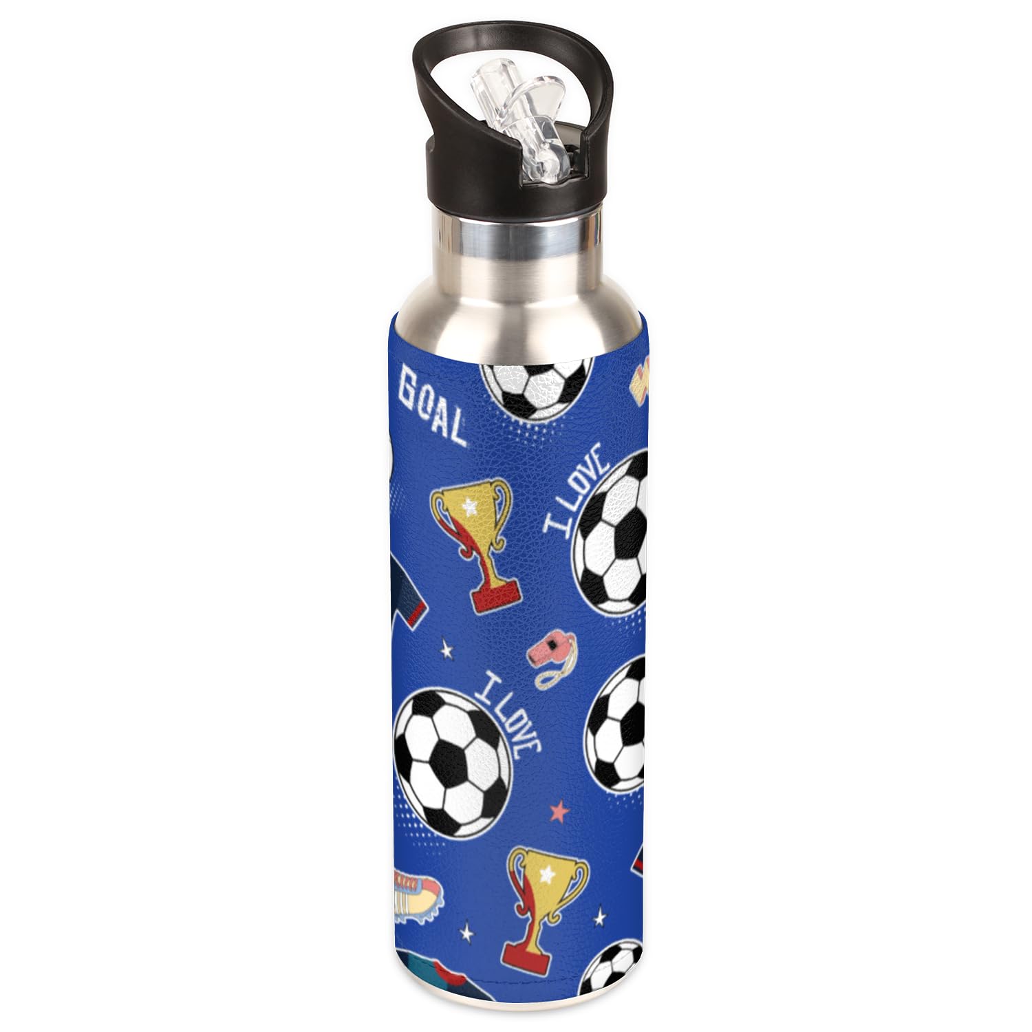 Soccer Kids Water Bottle with Straw - 20 oz Insulated Stainless Steel Thermos for Boys Leak Proof Lid