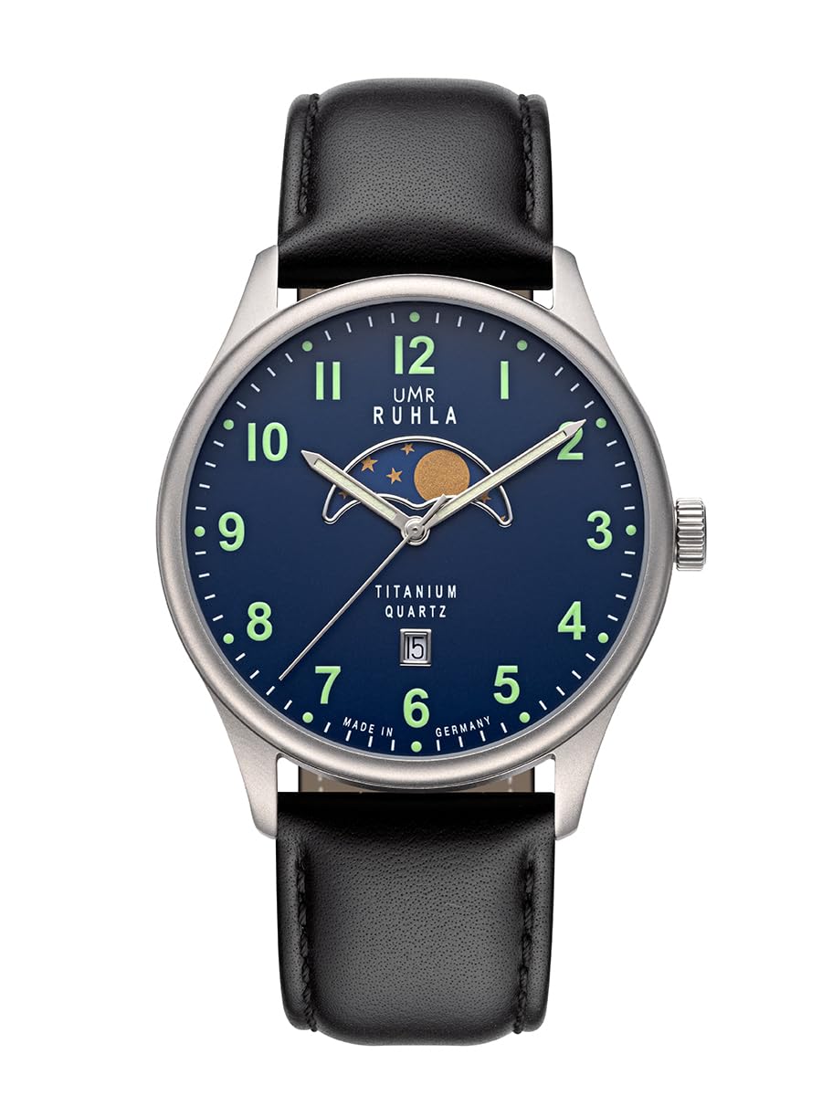 UMR RUHLA Reloj de titanio con fase lunar – Reloj plano de titanio con mecanismo de cuarzo suizo – esfera azul oscuro – correa de cuero negro – Ø 41,5 mm – Fabricado en Alemania