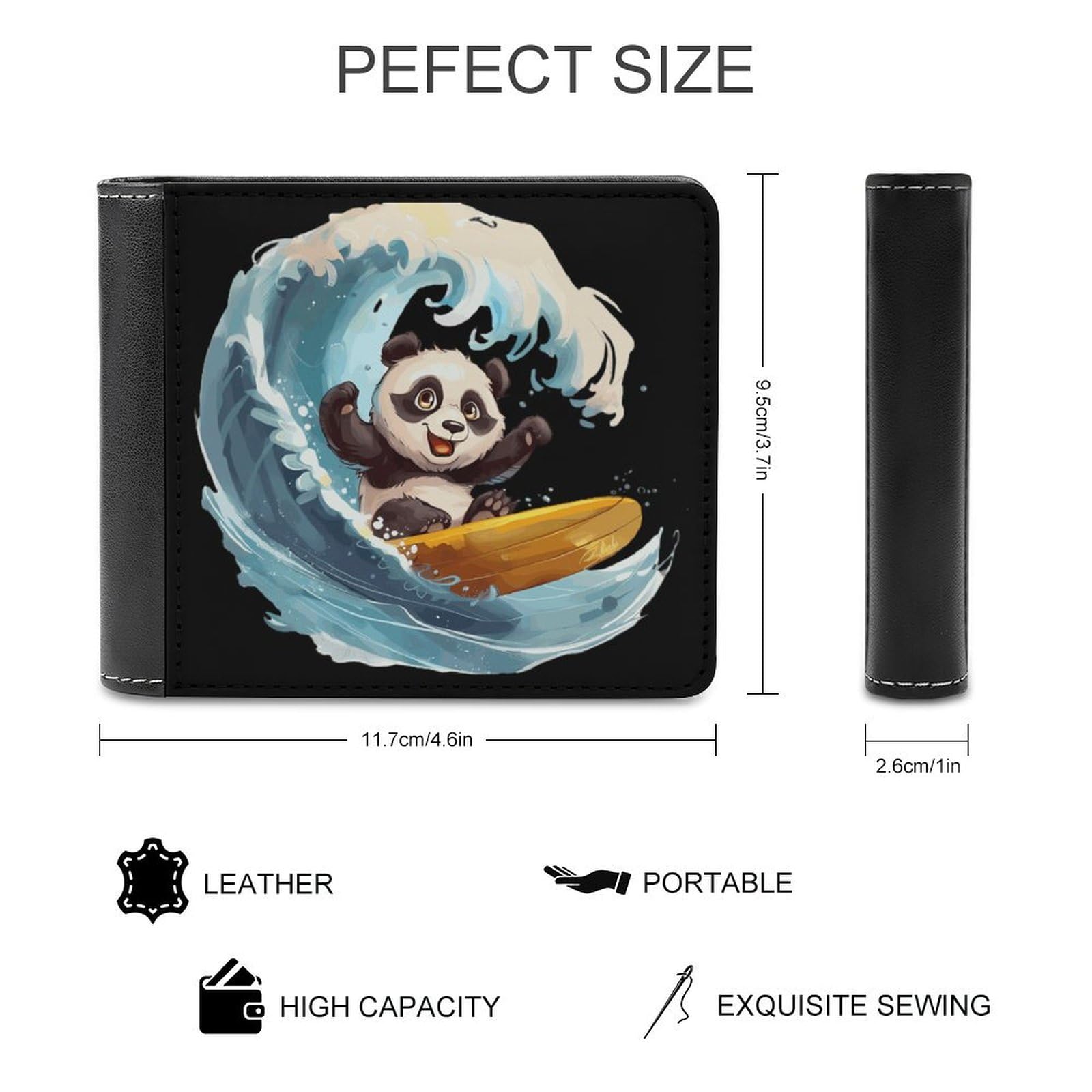 Cute Panda Surfing Funny Billfold Wallet Credit Card Holder Slim Passcase Pouch Purse for Men Women