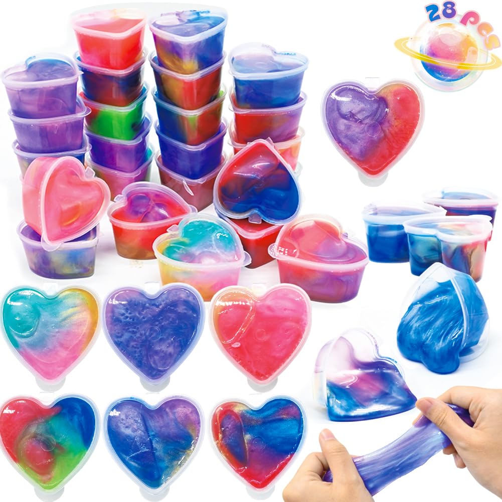 Photo 1 of 28Pcs Galaxy Slime Set, Cute Animals Cards Stress Relief Fidget Toys for Kids Valentines Day Classroom Gift Exchange, Easter Eggs Stuffer & Party Favors