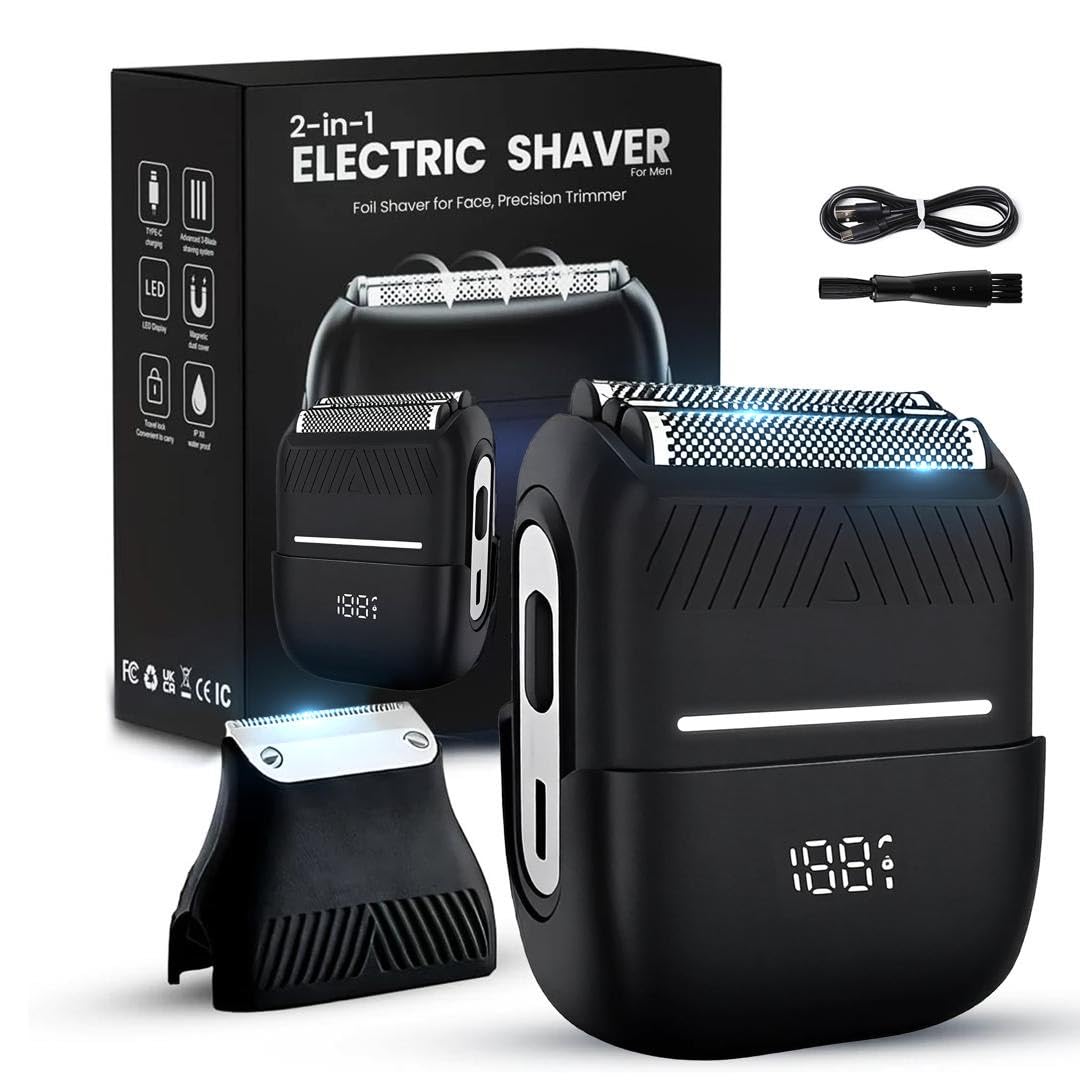 2-in-1 Electric Shaver for Men - Foil Shaver for Face, Precision Trimmer, USB-C Rechargeable, IPX7 Waterproof Wet & Dry Electric Razor for Men, 90-Minute Runtime, LED Display, Compact Travel Shaver