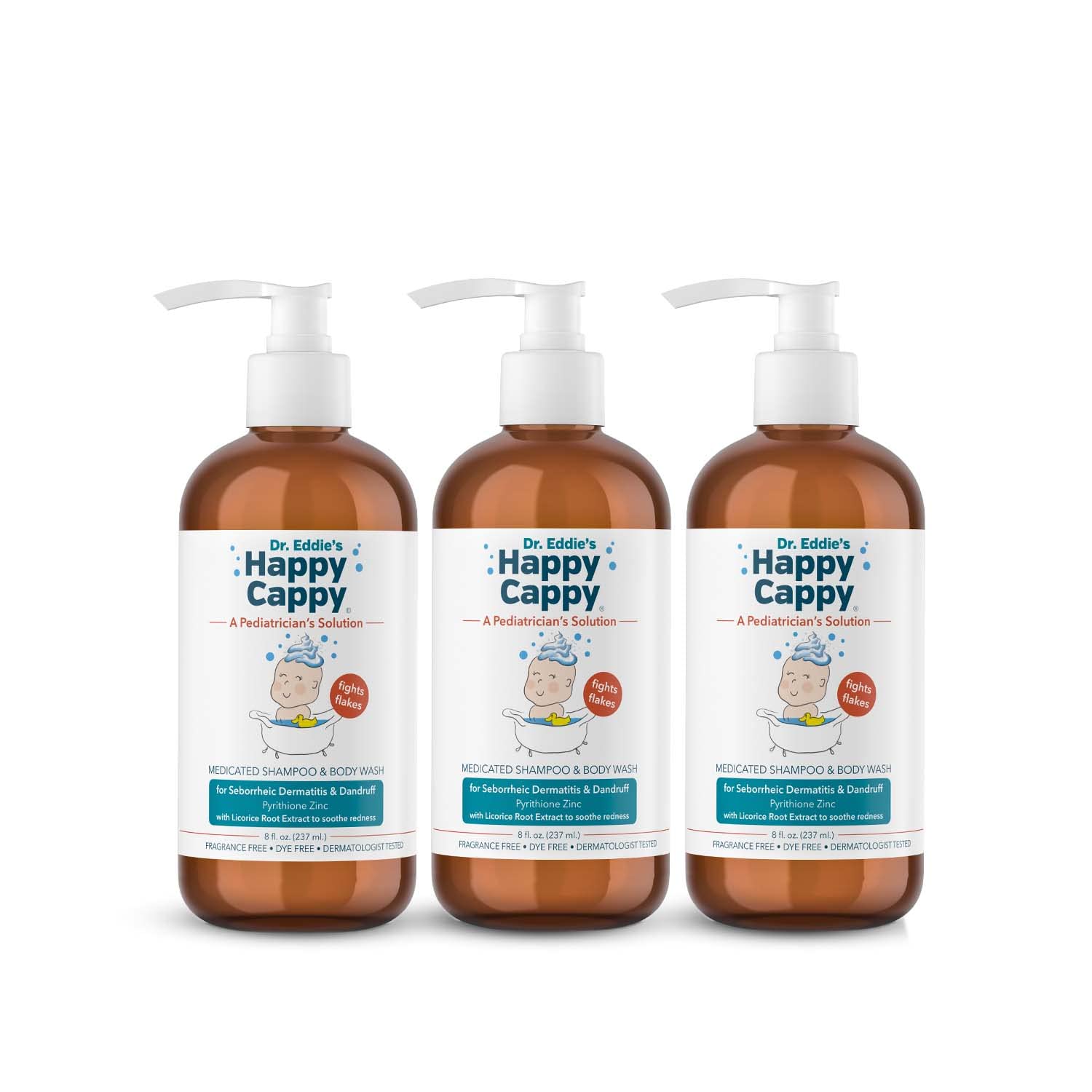 Happy Cappy Dr. Eddie’s Medicated Shampoo and Body Wash- Baby Dandruff Shampoo, Helps Cradle Cap and Seborrheic Dermatitis, Reduces Redness, Dermatologist Tested, Fragrance-Free- 8 Fl Oz (Pack of 3)