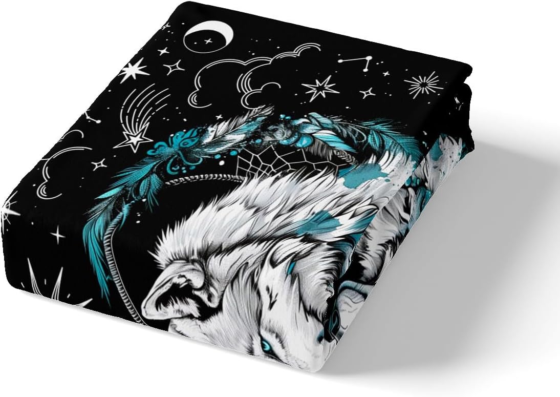 Wolf Kids Duvet Cover Set King Size,Stars Sun Moon Love Heart Dreamcatcher Romantic Boho Bedding Set,Boys Girls Room Decor,Wild Animal Rustic Comforter Cover,Blue Black Quilt Cover,2 Pillowcases