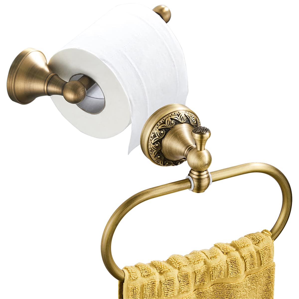 Flybath Toilet Paper Holder and Oval Towel Ring Set Wall Mounted Antique Brass (Brushed Bronze)
