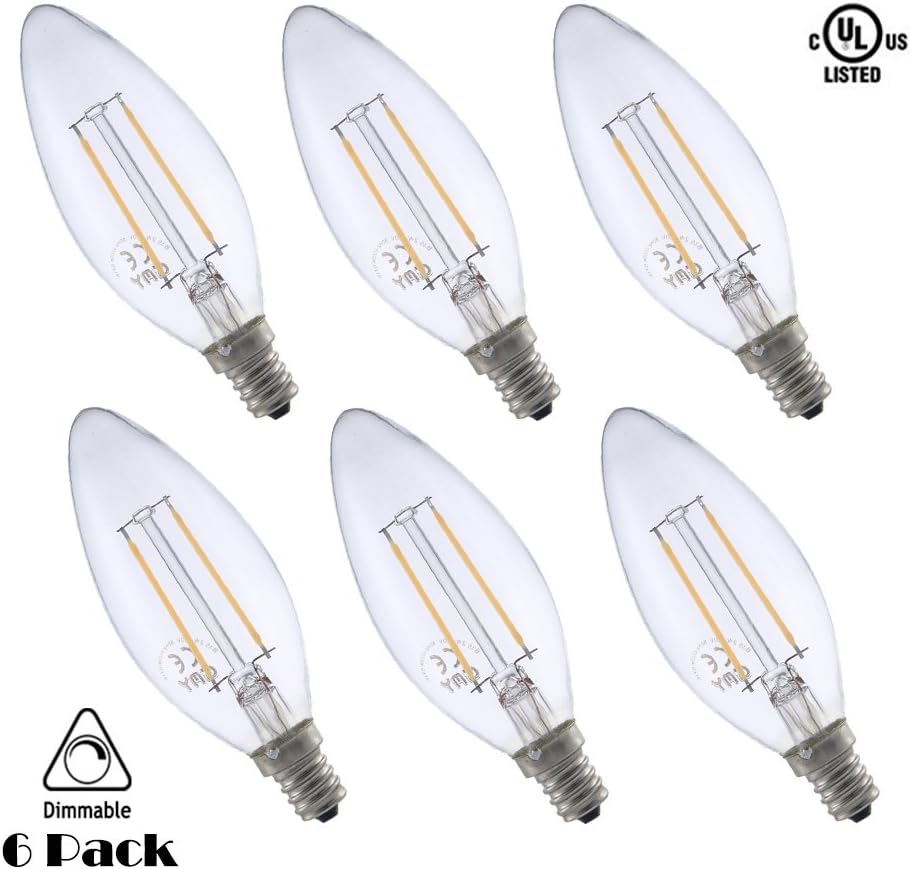 GMY Led Candelabra Bulb E12 Dimmable Chandelier Light Bulbs 20W Equivalent 2700K Warm White 2W 120V Filament Candle Bulb Clear Pack of 6
