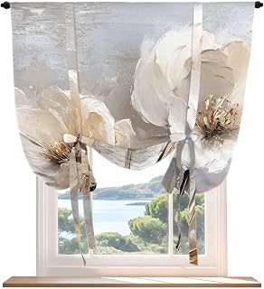 Magnolia Flower Tie Up Curtains for Kitchen Windows, Flowers Oil Painting Abstract Retro Balloon Window Shades Adjustable Rod Pocket Valances for Bedroom Bathroom Living Room 46"x63"