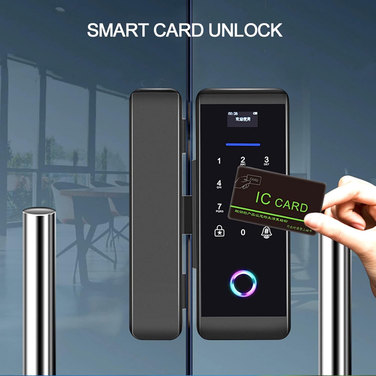 A hand holding an IC card near the smart lock's card reader, indicating smart card unlock functionality.