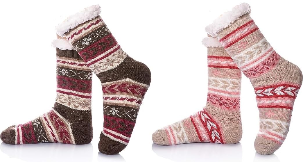 Winter fluffy Snowflake Fleece Soft Slipper Socks white soft fur Lining Knit Thick thermal Warm Christmas Slipper Socks with Anti-Slip Sillicon rubber (Pack Of 2 | MIXRANDOM DESIGN)-image-39