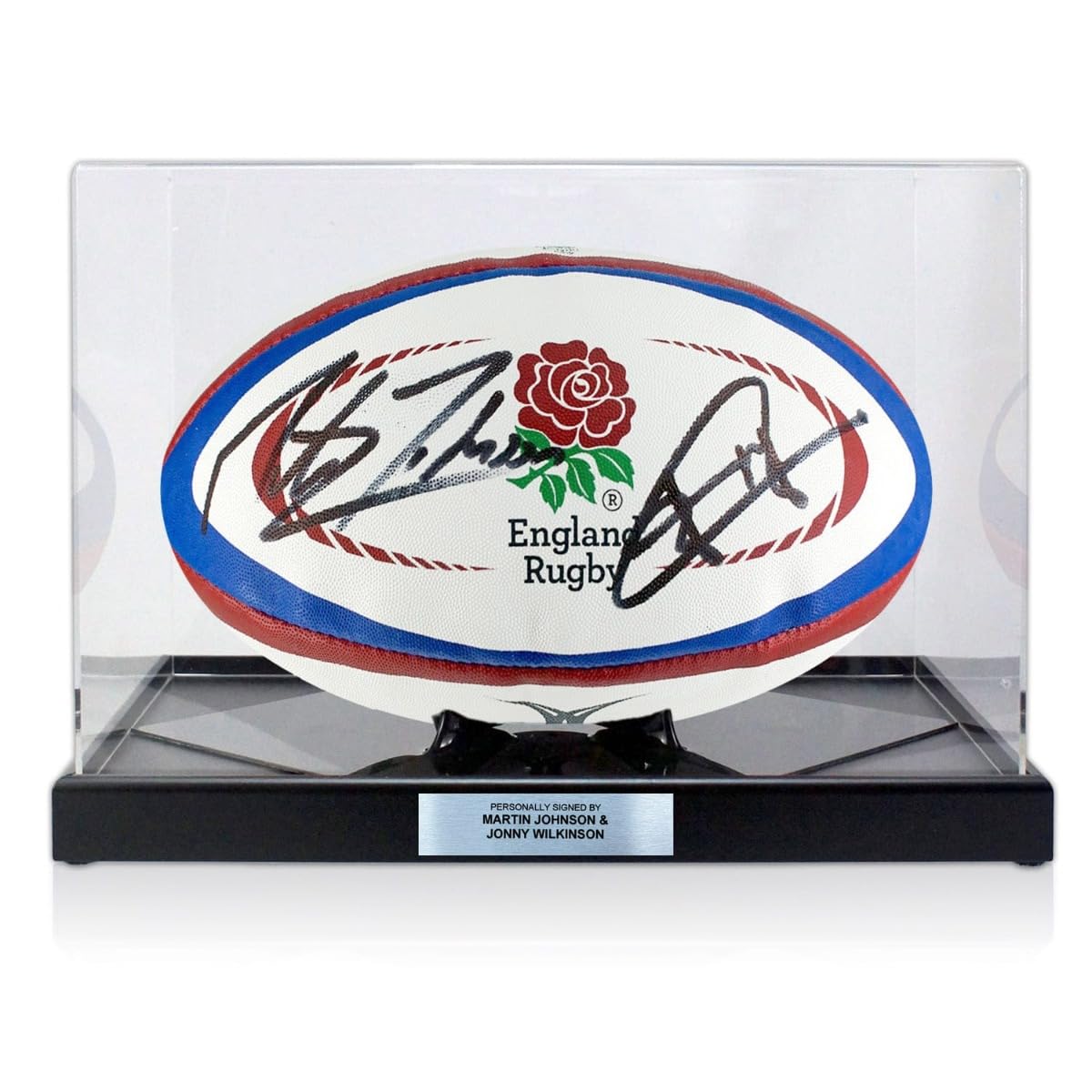 Balón de Rugby Firmado por Jonny y Martin Johnson. Vitrina con Placa