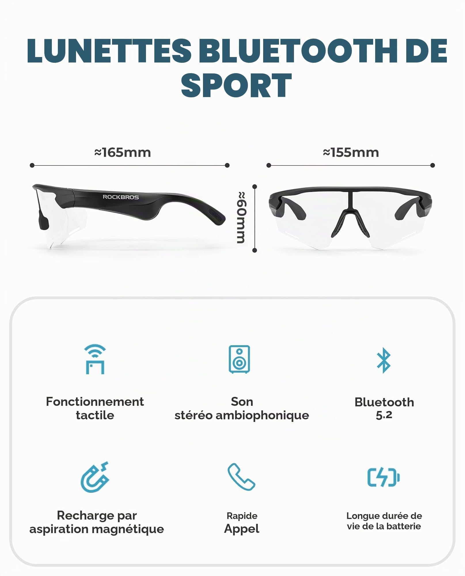 ROCKBROS Lunettes Soleil Sport Bluetooth Photochromiques UV400