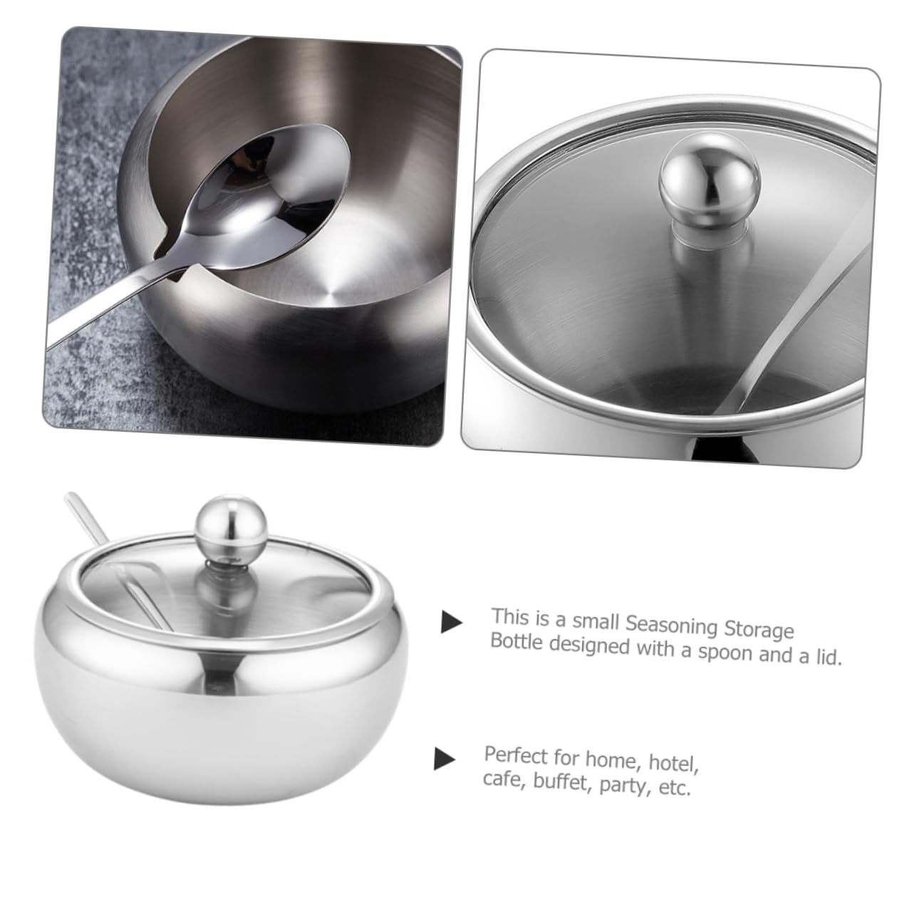 Azucarero de acero inoxidable con tapa de cristal, recipiente de metal para condimentos, tarro de especias de grado 304, almacenamiento duradero de cocina para azúcar, especias y condimentos