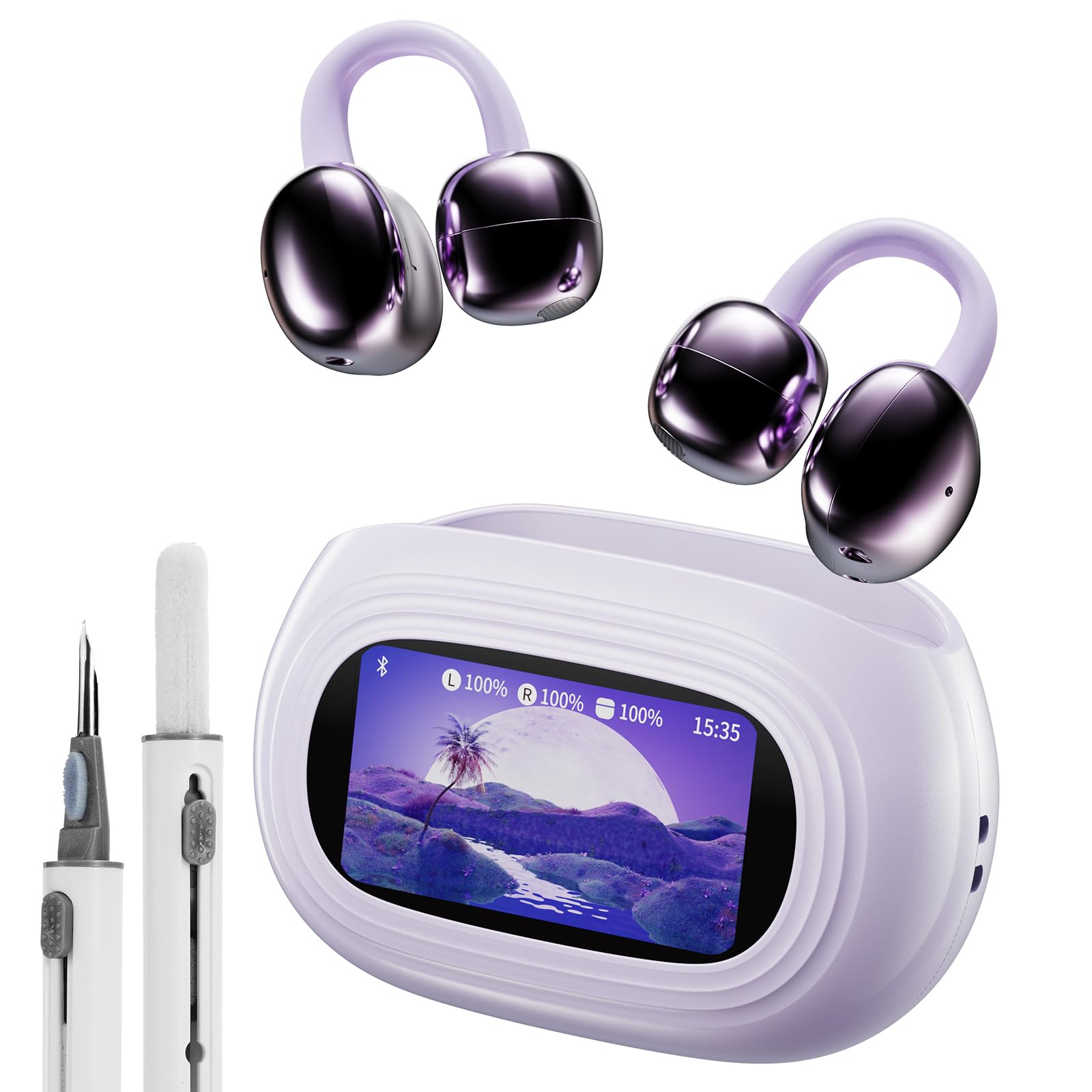 kentfaith KI Übersetzer Ohrhörer Echtzeitübersetzung 150 Sprachen & 16 Offline Sprachen, 6 Modi, Bluetooth 6.0, Ear-Clip-Ohrhörer mit Touchscreen-Ladecase für Reisen, Lernen & Geschäft (Lila)