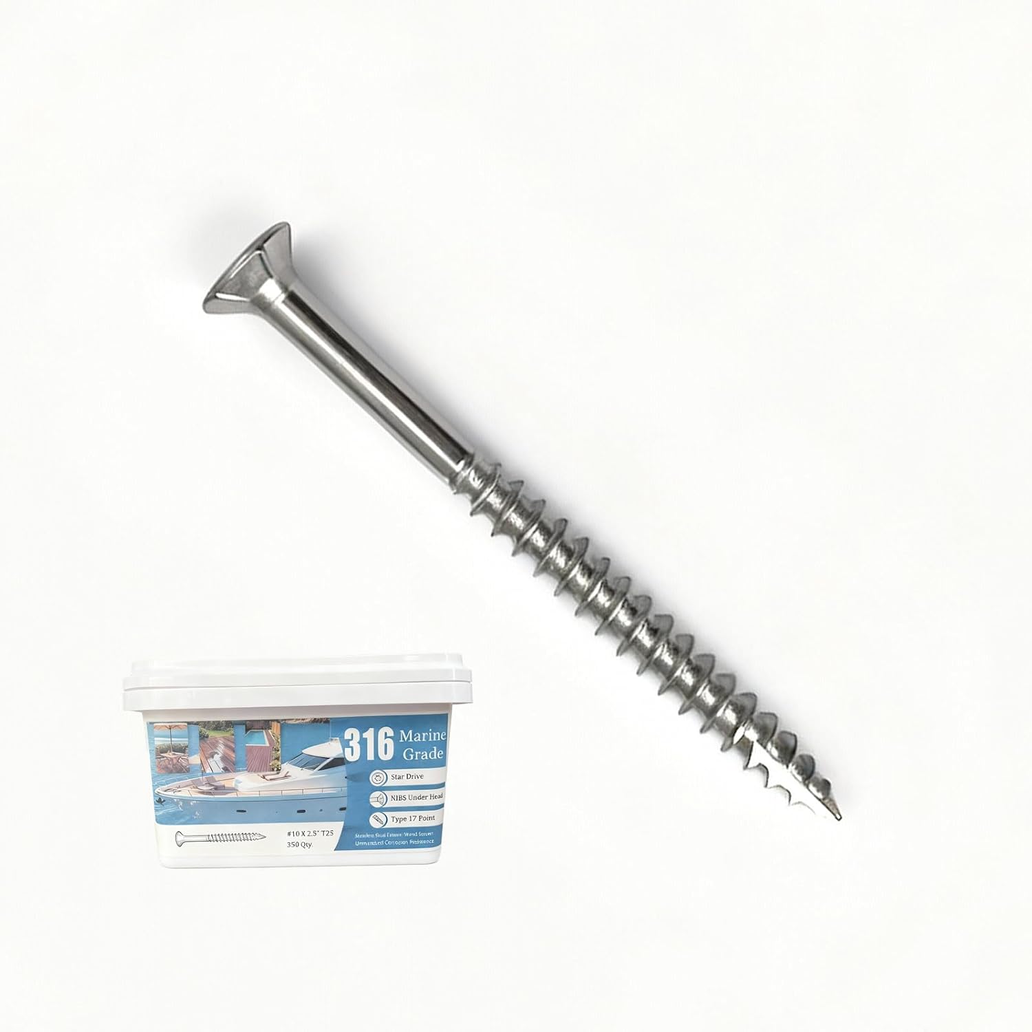 #10 x 2 1/2 Inch 316 Stainless Steel Wood Screws(350-Pack) - Marine Grade Deck Screws with T25 Star Bit - High Corrosion Resistance for Outdoor, Coastal Construction, Deck, Fence, Dock, Corrosive.