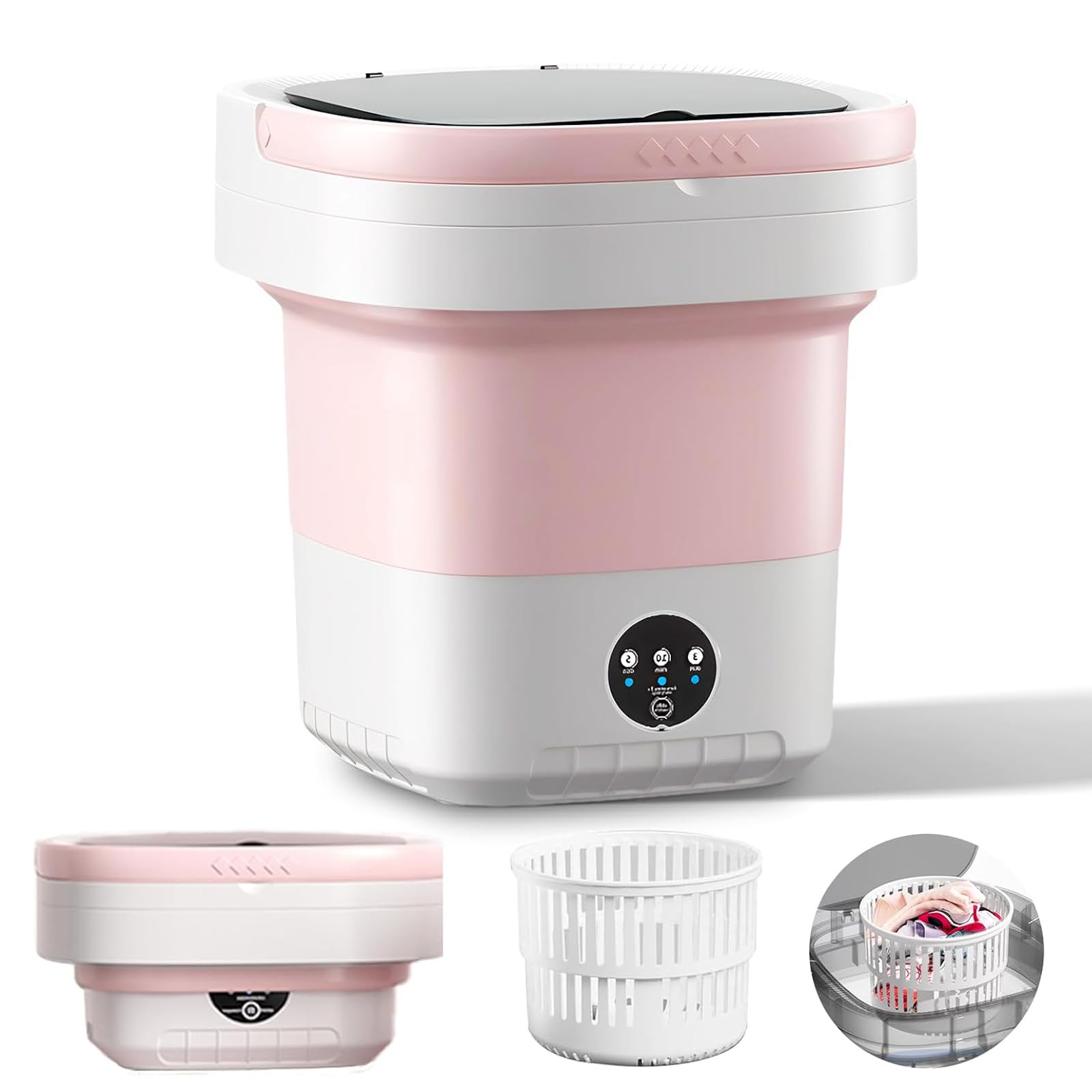 Mini lavatrice da 12 l, lavatrice portatile con cestello di centrifuga rimovibile pieghevole e compatta, 3 modalità tattili per appartamenti, dormitori e campeggio, rosa