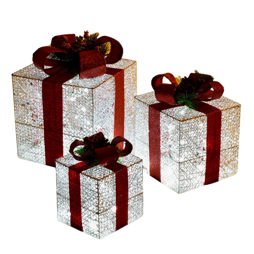 Scatole regalo natalizie illuminate, decorazioni con fiocchi di neve, scatola regalo con fiocco, scatola regalo con stringa per lampada, ornamento per albero di Natale, decorazione per interni ed