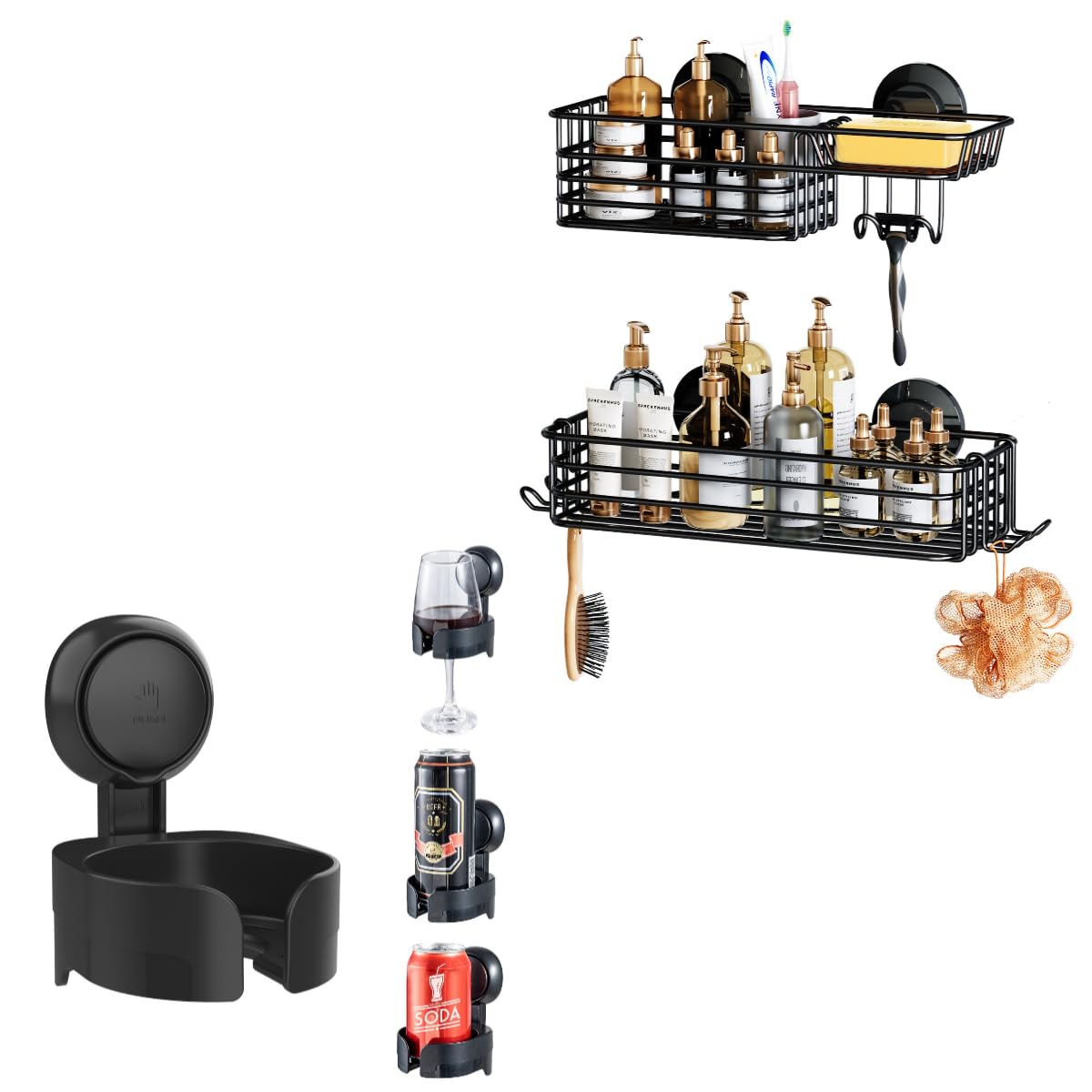 LEVERLOC Shower Caddy Suction Cup 2 Pack Wine Glass Holder for Inside Shower with Hooks Soap Holder NO-Drilling