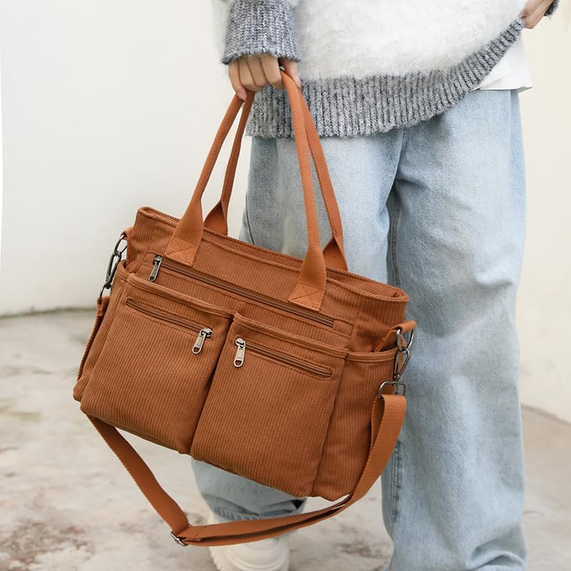 Corduroy Crossbody Tote Bag for Women Cute Shoulder Bag Large Messenger Bag Commuter School Purse Handbag Work Multi Pocket(brown) - Image 4
