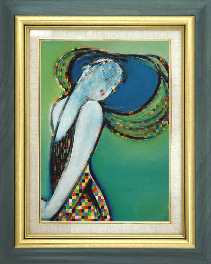 メルカリ絵画絵 額付( 青緑＋金色の枠 )油絵uF6-061504 静物果物