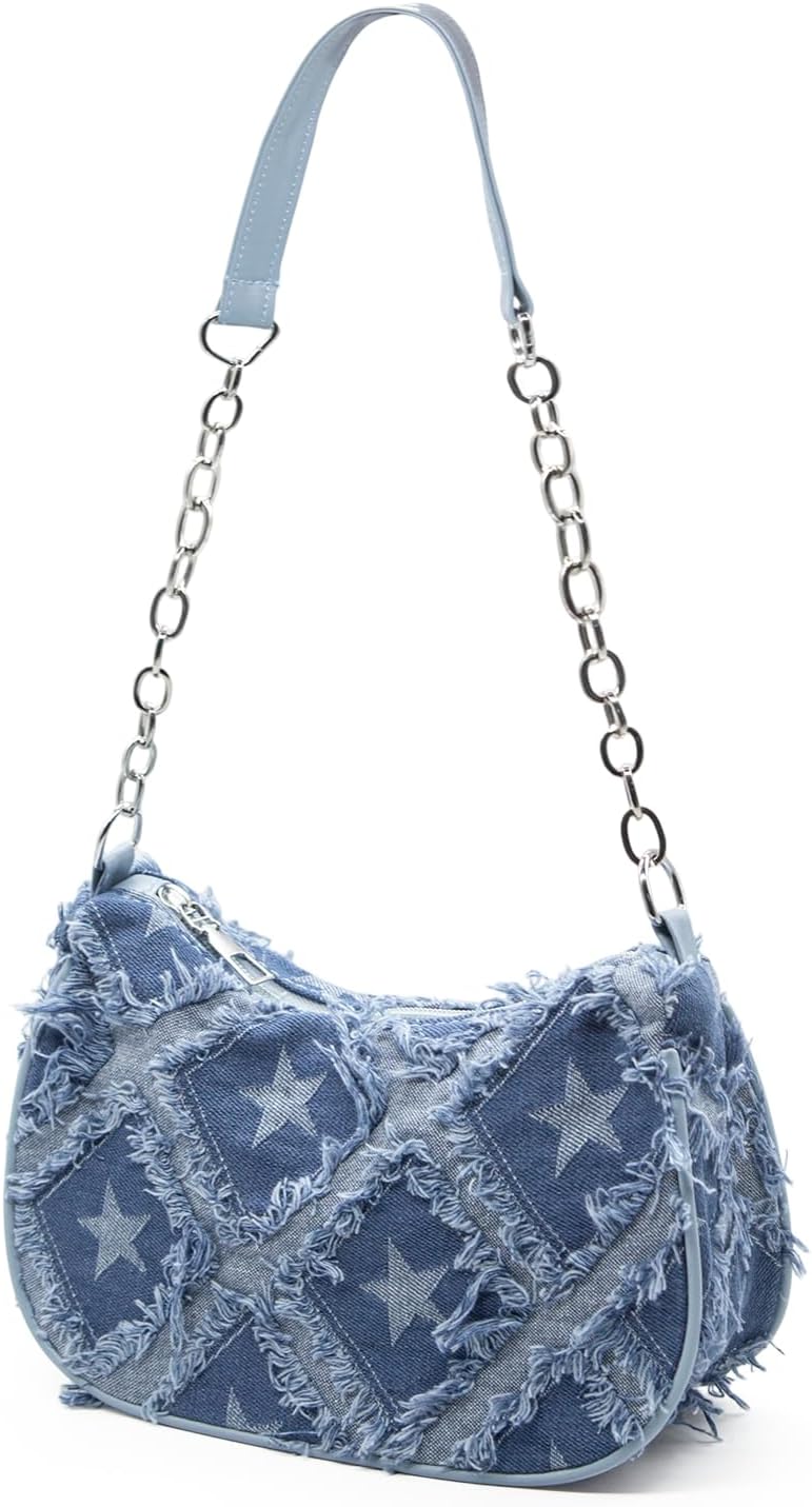 YAMEIZE Quilted Denim Shoulder Bag for Women Star Pattern Clutch Hobo Bag Small Tote Handbag with Zipper Closure