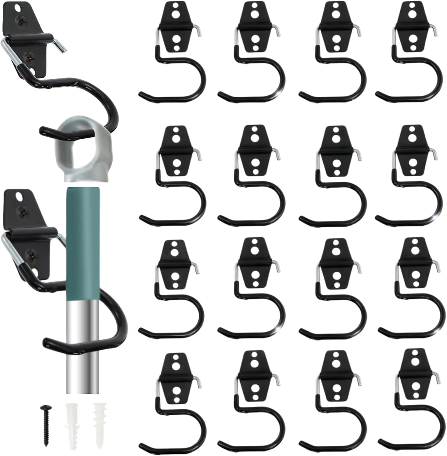 Tlence 16 Pack Metal Broom Hooks, Heavy Duty Garage Holder Wall Mount, S Type Anti-Slip Mop Rack, Cleaning Tools Holder Storage Organizer Hanger for Shovel Rakes Shed Garden Lawn Yard