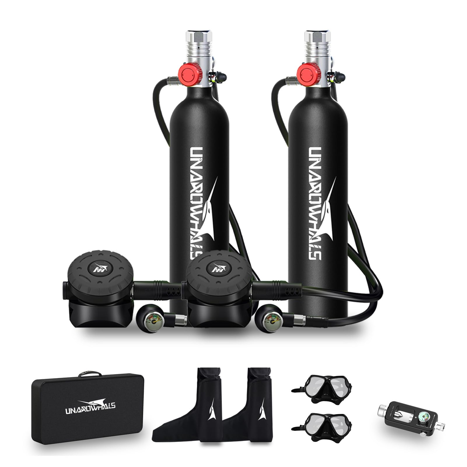 UNAROWHALS Scuba Tank with Extended Pressure Gauge, DOT/CE-EN250 Certification Lung Tank, 1L Diving Tank, 15-20 Minutes Underwater Exploration with Portable Mini Scuba Tank, 3000 Psi Max Pressure