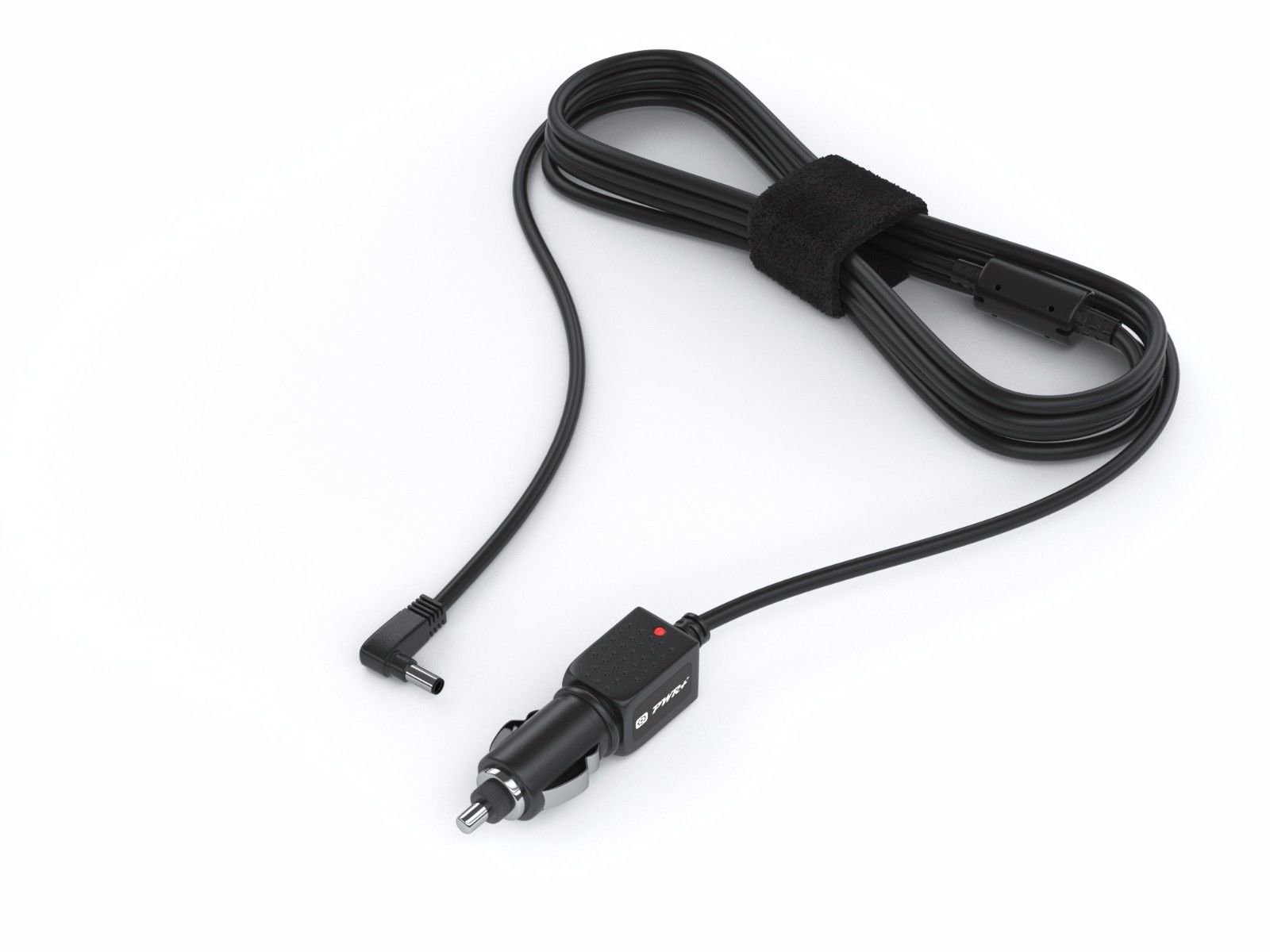 PWR+ car charger with a red indicator light and a barrel connector