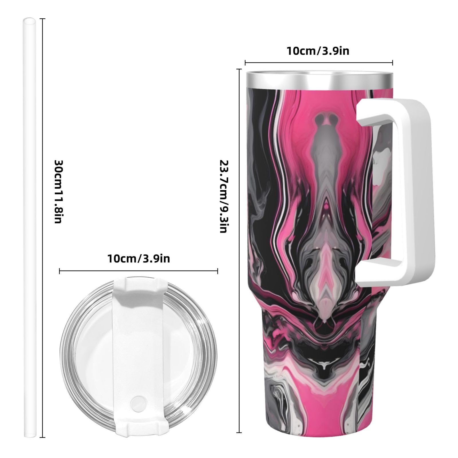 Wasserflasche aus Edelstahl, doppelwandig, isoliert, mit Griff und Strohhalm-Deckel, 1,2 l, Rosa mit abstraktem Marmor-Grau