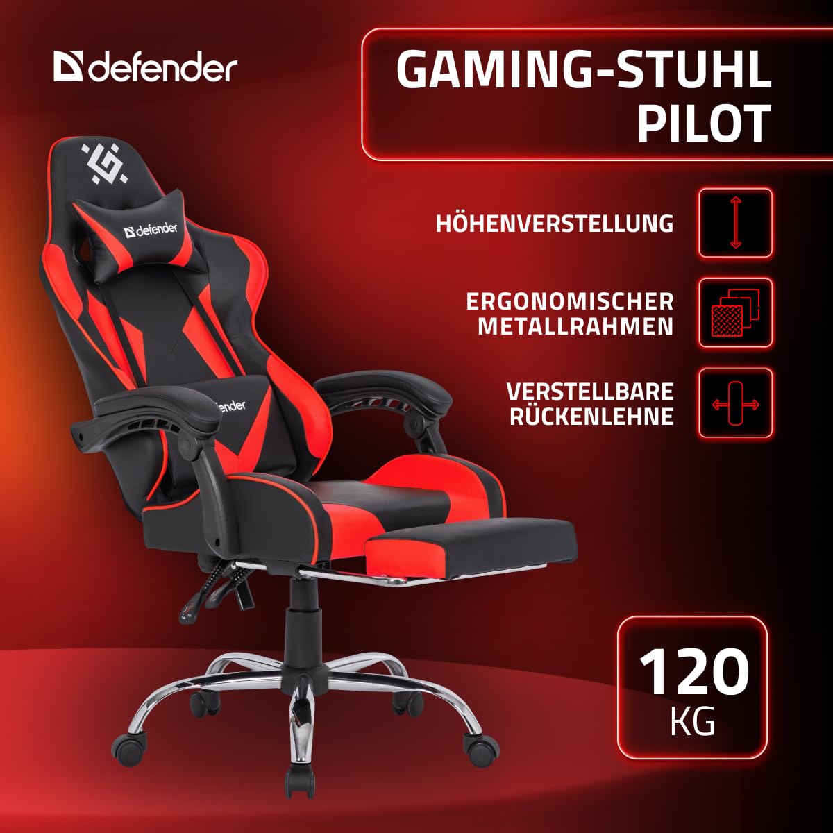 Defender Pilot,Sedia da ufficio ergonomica con poggiapiedi e cuscino lombare regolabile, angolo di inclinazione di 135°, sedia da scrivania regolabile in altezza, in ecopelle, colore: Nero/Rosso