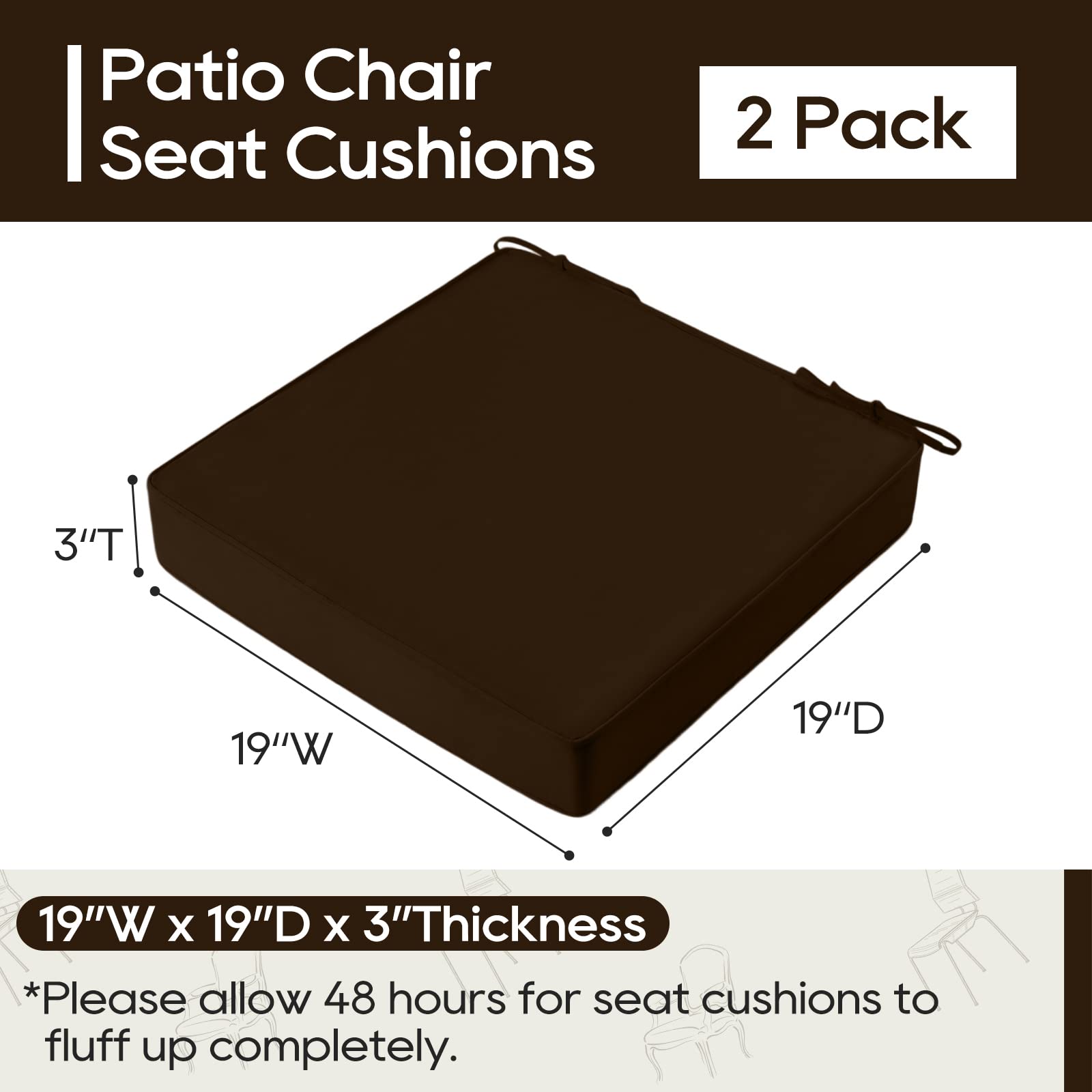 LOVTEX 19x19 Outdoor Chair Cushions Set of 2, Waterproof Patio Cushions for Outdoor Furniture, Thick Outdoor Seat Cushions for Chairs with Straps and Portable Handle(Brown)