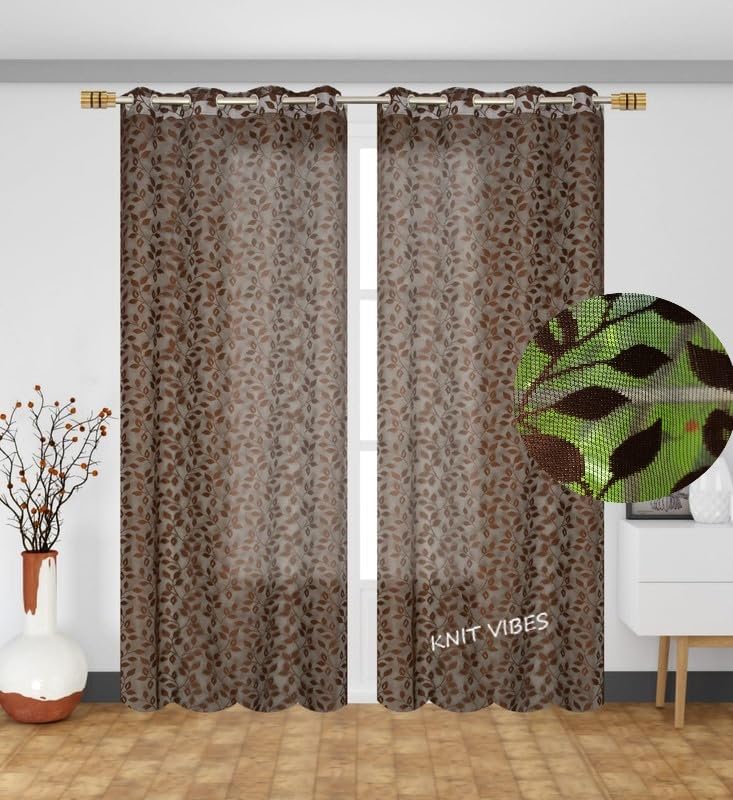 Image of Leaves Design Semi Transparent Window Curtain 9 feet Long Set of 2 pcs Drawing Room Parde | Pooja Room Curtain Panel | Sheer Curtain, Coffee Color