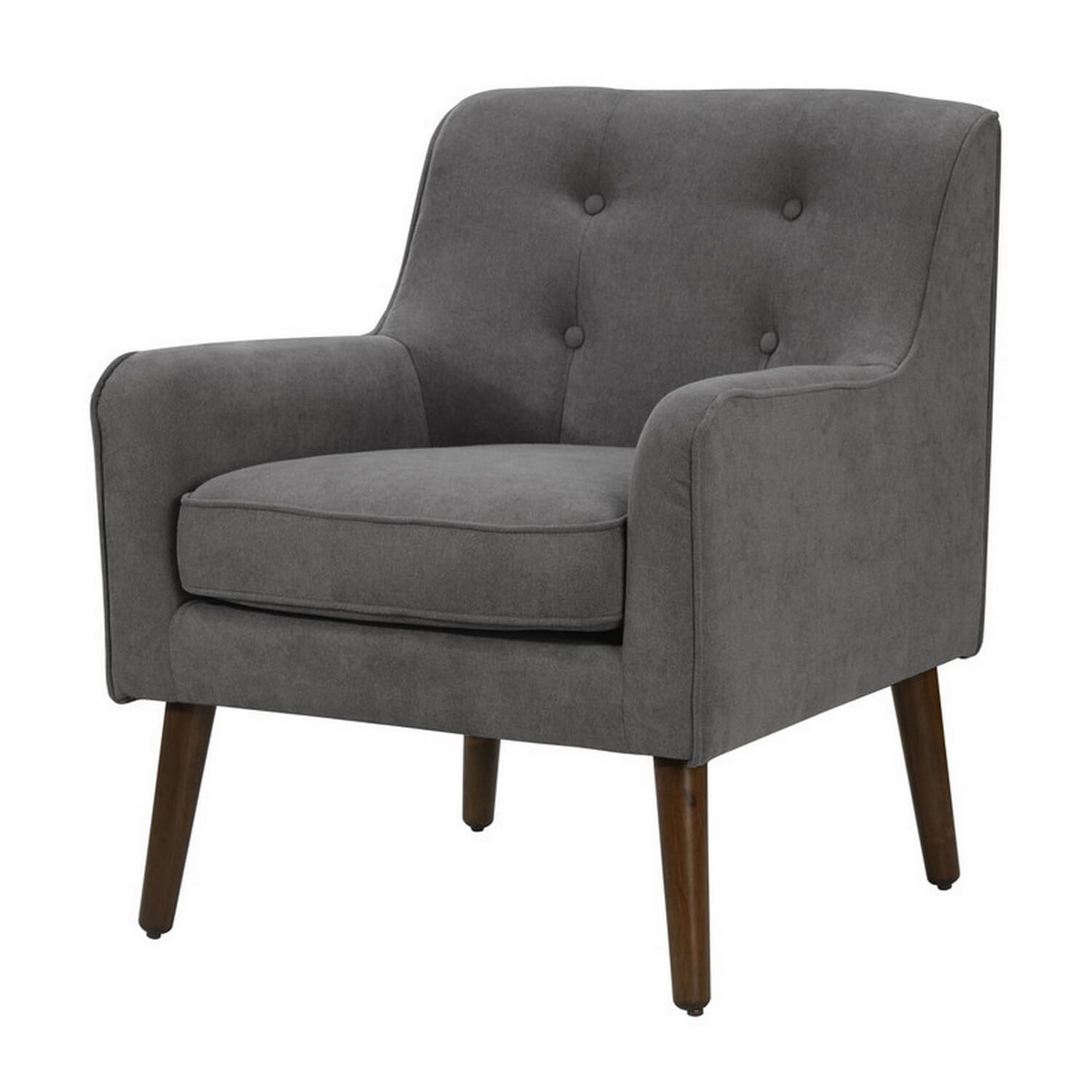 Benjara Kina 28 Inch Accent Chair, Gray Fabric, Button Tufted, Angled Wood Legs