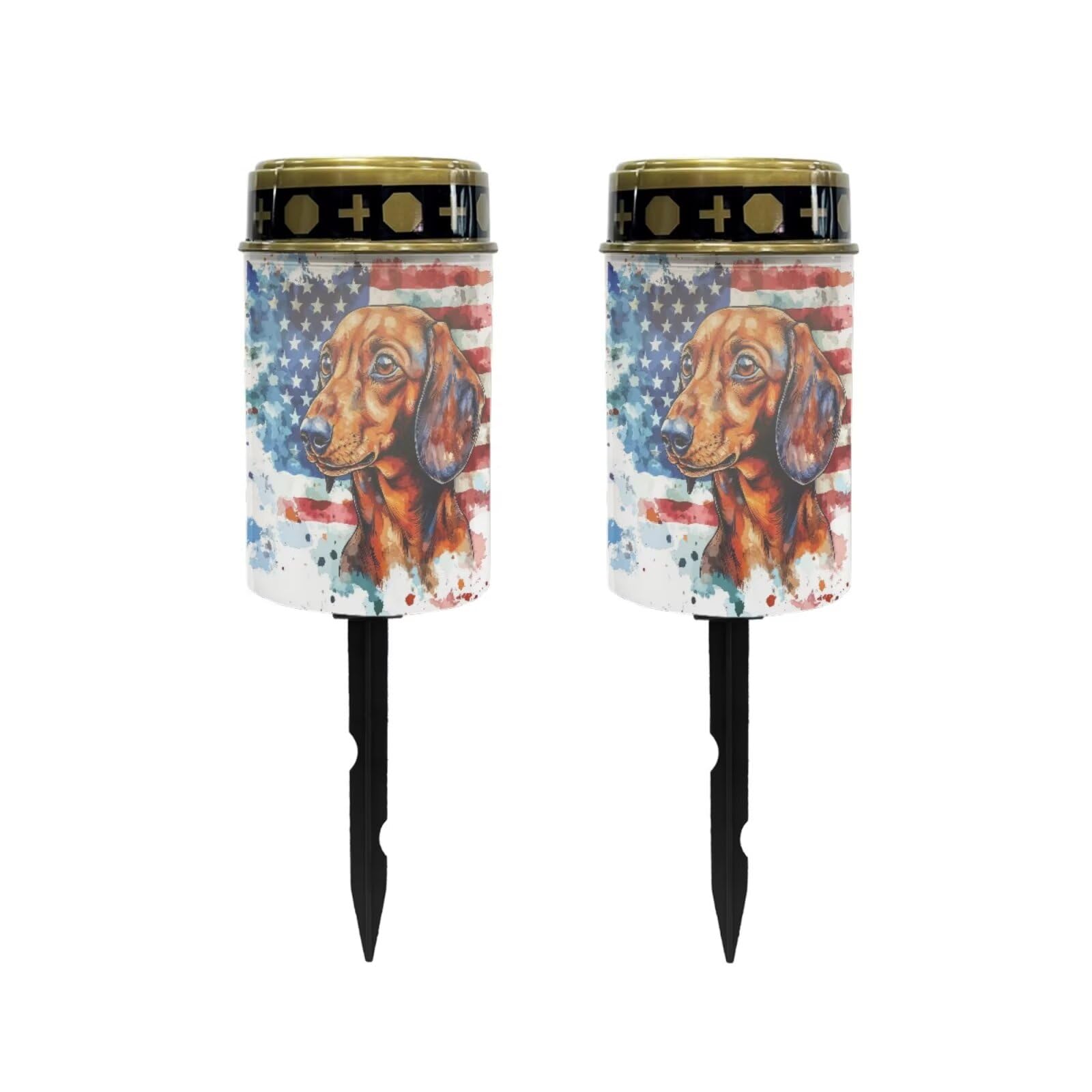 Poceacles 2 Pieces Solar Lights Outdoor Waterproof Cemetery Solar Outdoor Candle Grave Solar Decoration Solar Votive Candles Blessed Candles for Loss of Loves One, Dachshund American Flag
