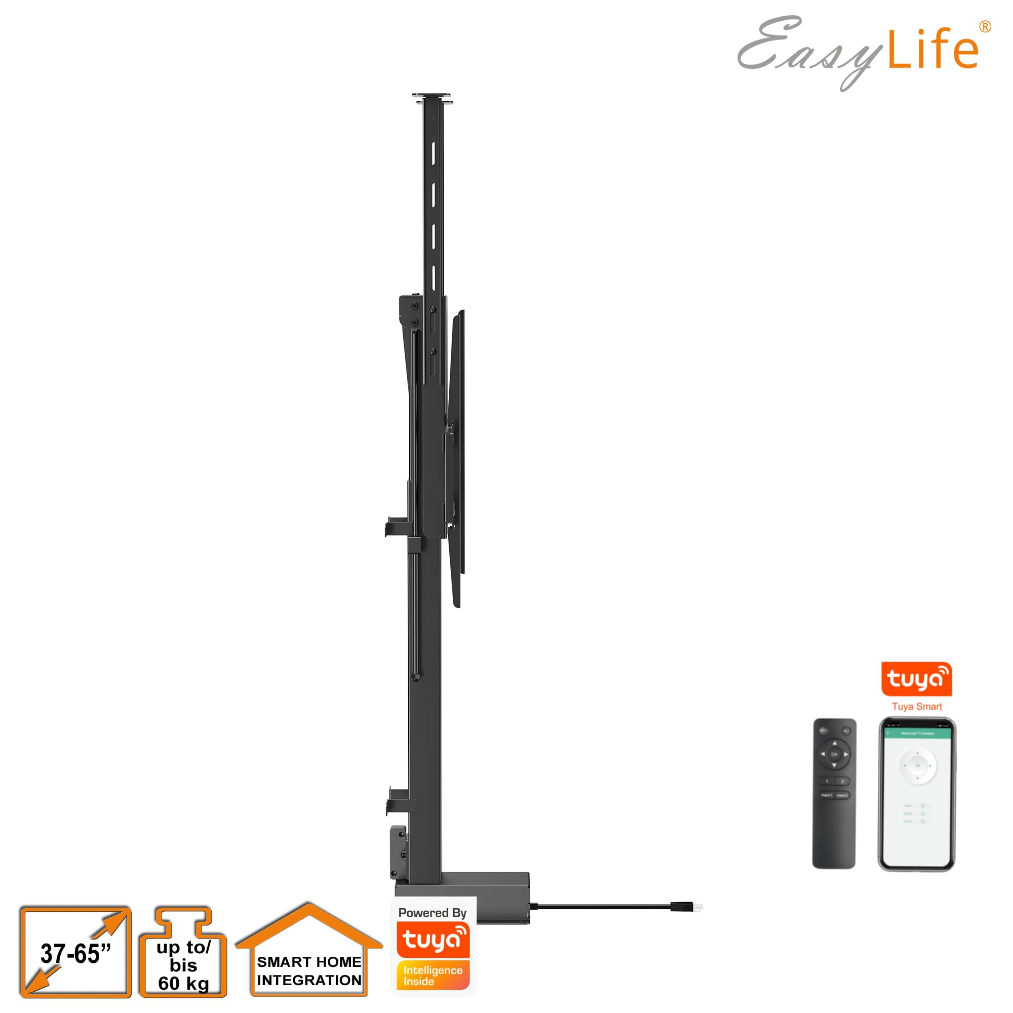 EasyLife zmotoryzowany podnośnik do telewizora do montażu na podłodze, suficie i szafie – elektrycznie wysuwalny i opuszczany, sterowanie Smart Home w zestawie z pilotem zdalnego sterowania, 37–65