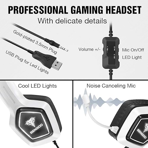 Miniatura 6 de BENGOO G9700 - Auriculares para juegos para PS4, PS5, Xbox One, control de PC, cancelación de ruido con micrófono, luz LED blanca, sonido envolvente