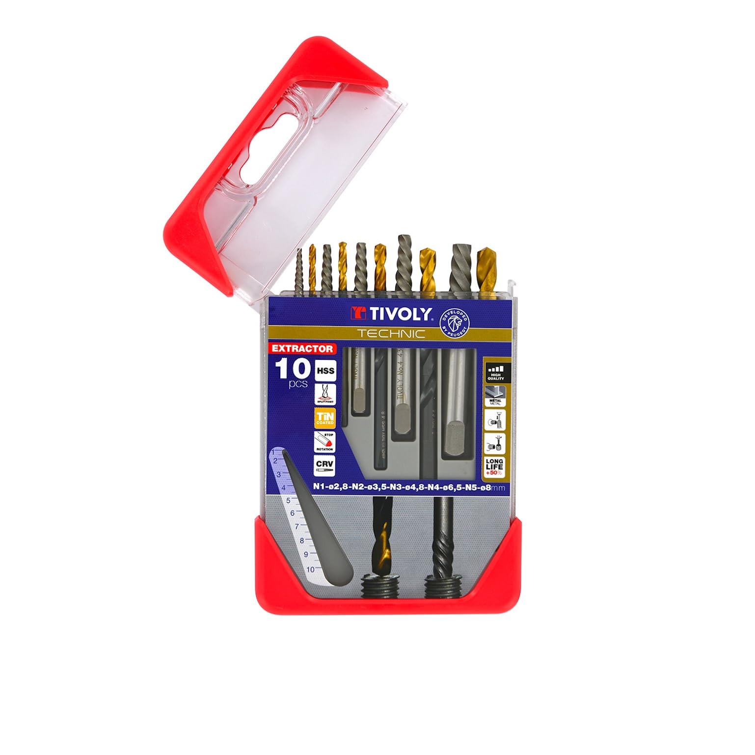 TIVOLY – Juego de brocas para extractor de tornillos rotos + brocas HSS revestimiento TiN – Lote de 5 brocas y 5 extractores N1 Ø 2,5 mm/N2 Ø 3,2 mm/N3 Ø 4,8 mm/N4 Ø 6,5 mm/N°5 Ø 8 mm