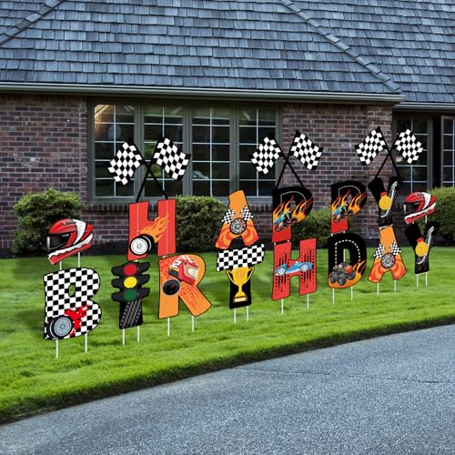 18 Pcs Happy Birthday Yard Signs with Stakes, 16 Inches Birthday Party Decorations for Boys Girls, Colorful Outdoor Lawn Patio Garden Signs Decorations for Birthday Party(Race Car)