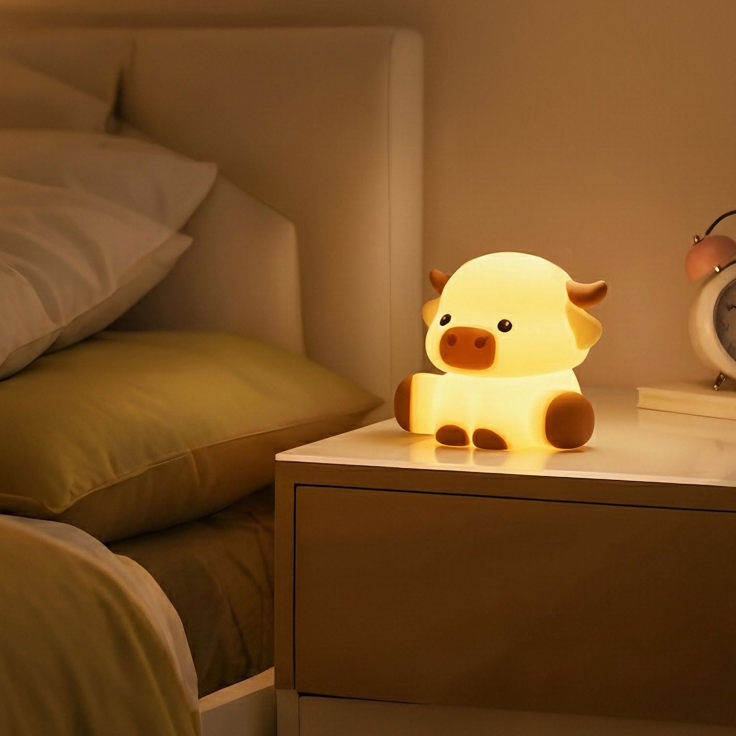 Rinder-Nachtlicht für Kinder, quetschbares Silikon, 3-stufig dimmbar, Touch-Steuerung, niedliches Nachtlicht mit Timer, tragbares USB-wiederaufladbares Kinderzimmer, rosa Nachtlampe