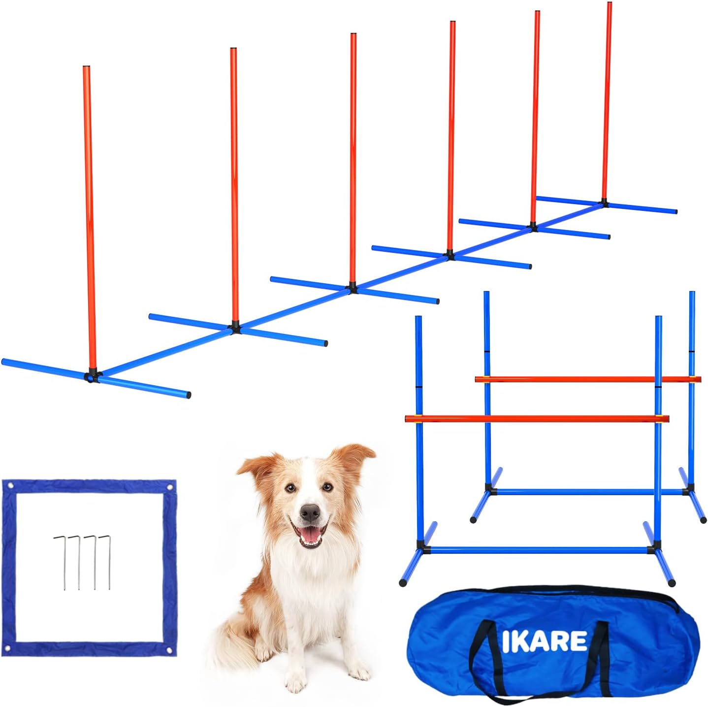 IKARE4 Piece Dog Agility Training Equipment Pet Obstacle Course Training Starter Kit for Outdoor/Indoor with Adjustable Jumping Hurdles, Weave Poles, Pause Box
