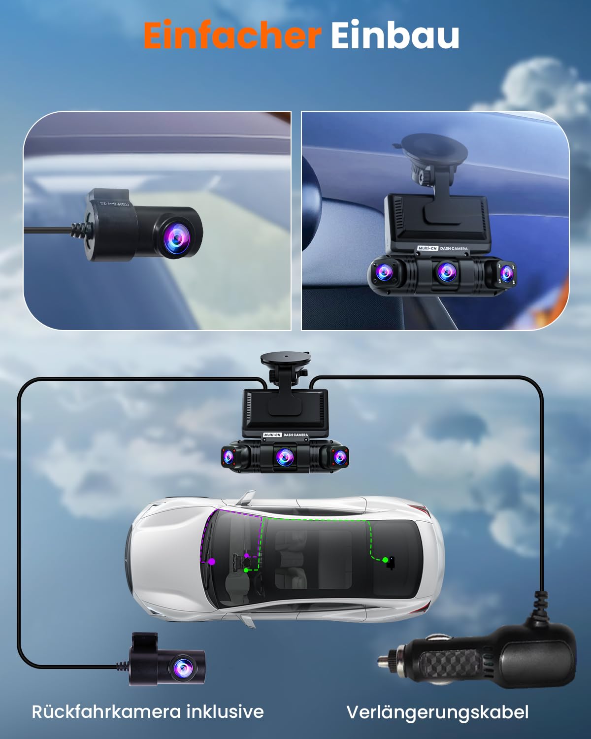 4-Kanal Wireless 2K Dashcam 360° Auto Dashcam mit Wi-Fi, G-Sensor, 8 IR-Nachtsicht-LEDs, 64GB SD-Karte