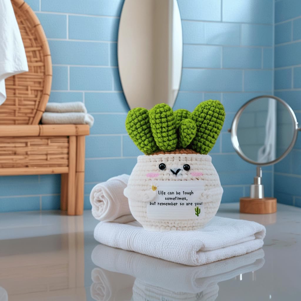 Handmade Crochet Cactus Positive Crochet Doll Crochet Gifts for Women Men Mom Teacher Gifts for Friendship Coworker Birthday Gifts Crochet Plant Office Desk Decor