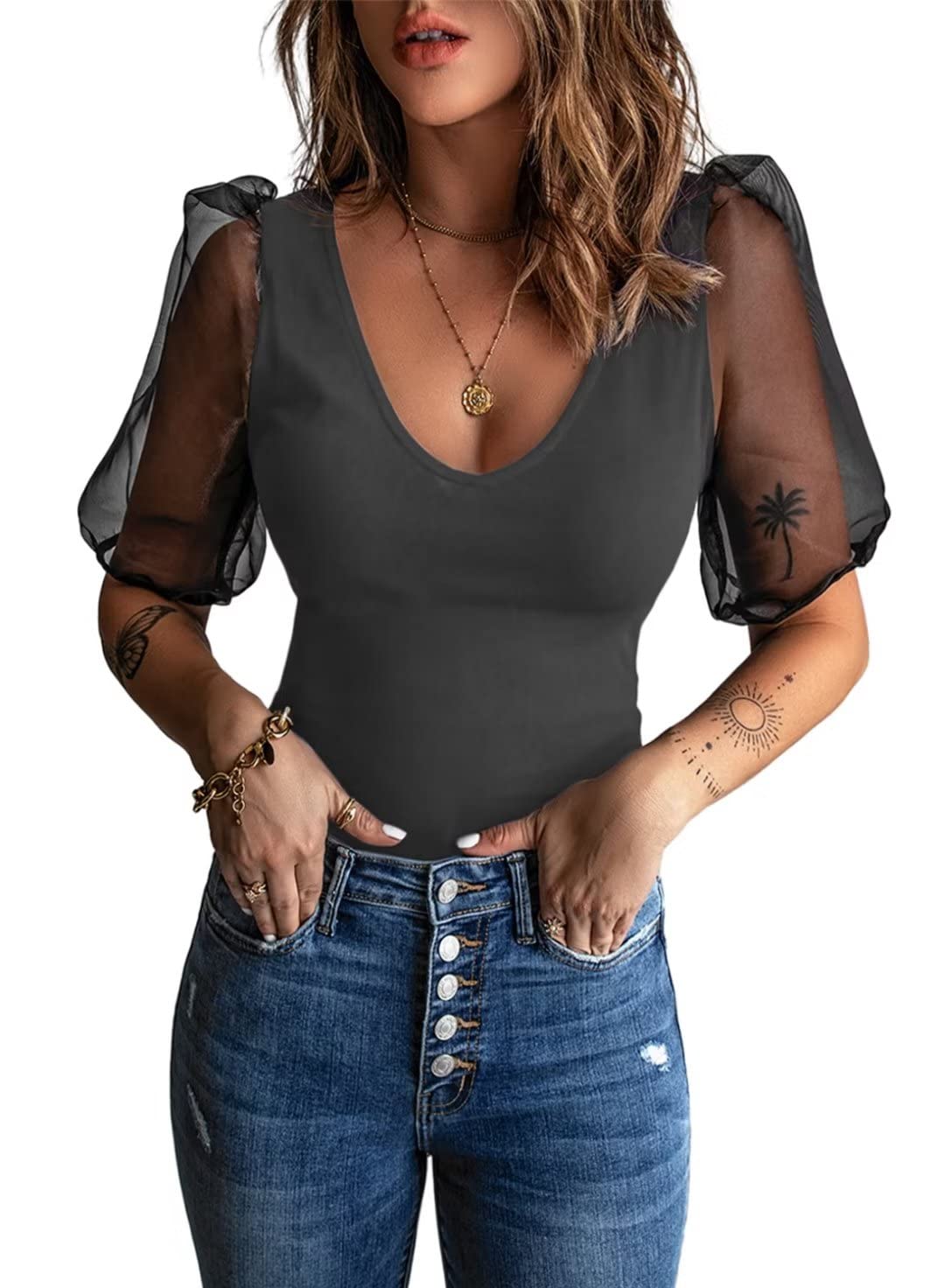 Pattrily Women's Mesh Puff Sleeve Tops V Neck Short Sleeve Shirts Cute Summer Casual T-Shirts Loose Fit Blouse