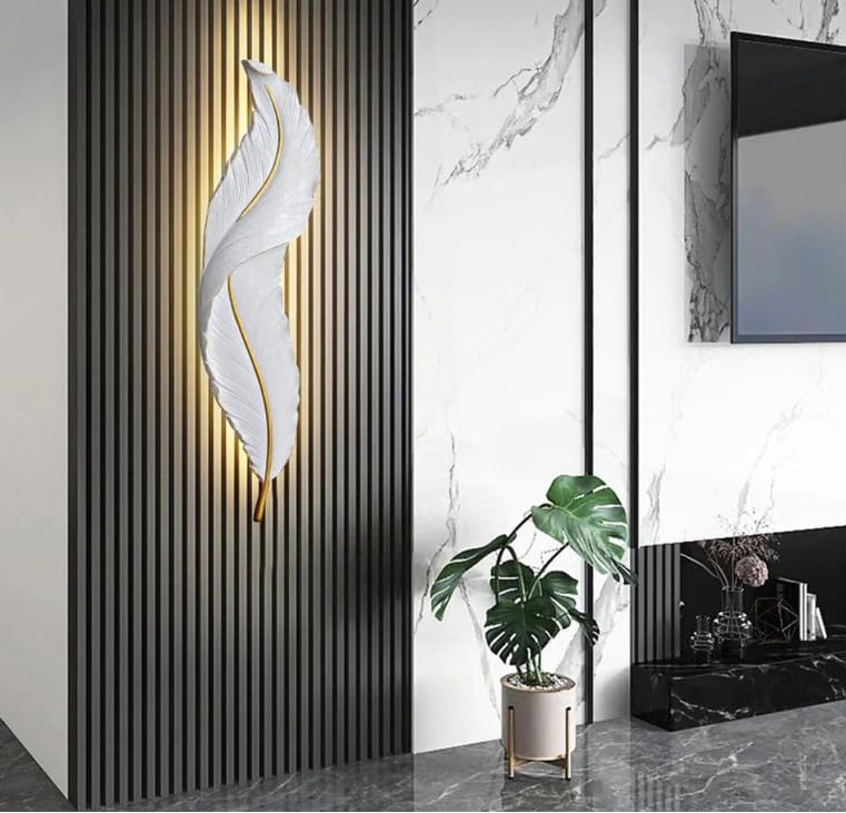 Image of Resin Antique Feather Wall Sconce|Snowy Quill Decorative Wall Light for Living Room, Hallway, Kitchen & Office- Warm White, Cool White, Natural White (White+Golden)