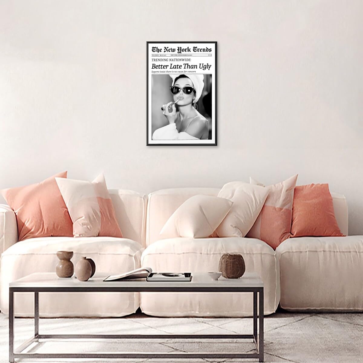 New York Trends Wall Art Black and White Newspaper Better Late Than Ugly Poster Canvas Prints Funky Feminist Posters Trendy College Wall Decor for Bar Cart Girl Dorm Room Bathroom Decorative 24x36inch black framed