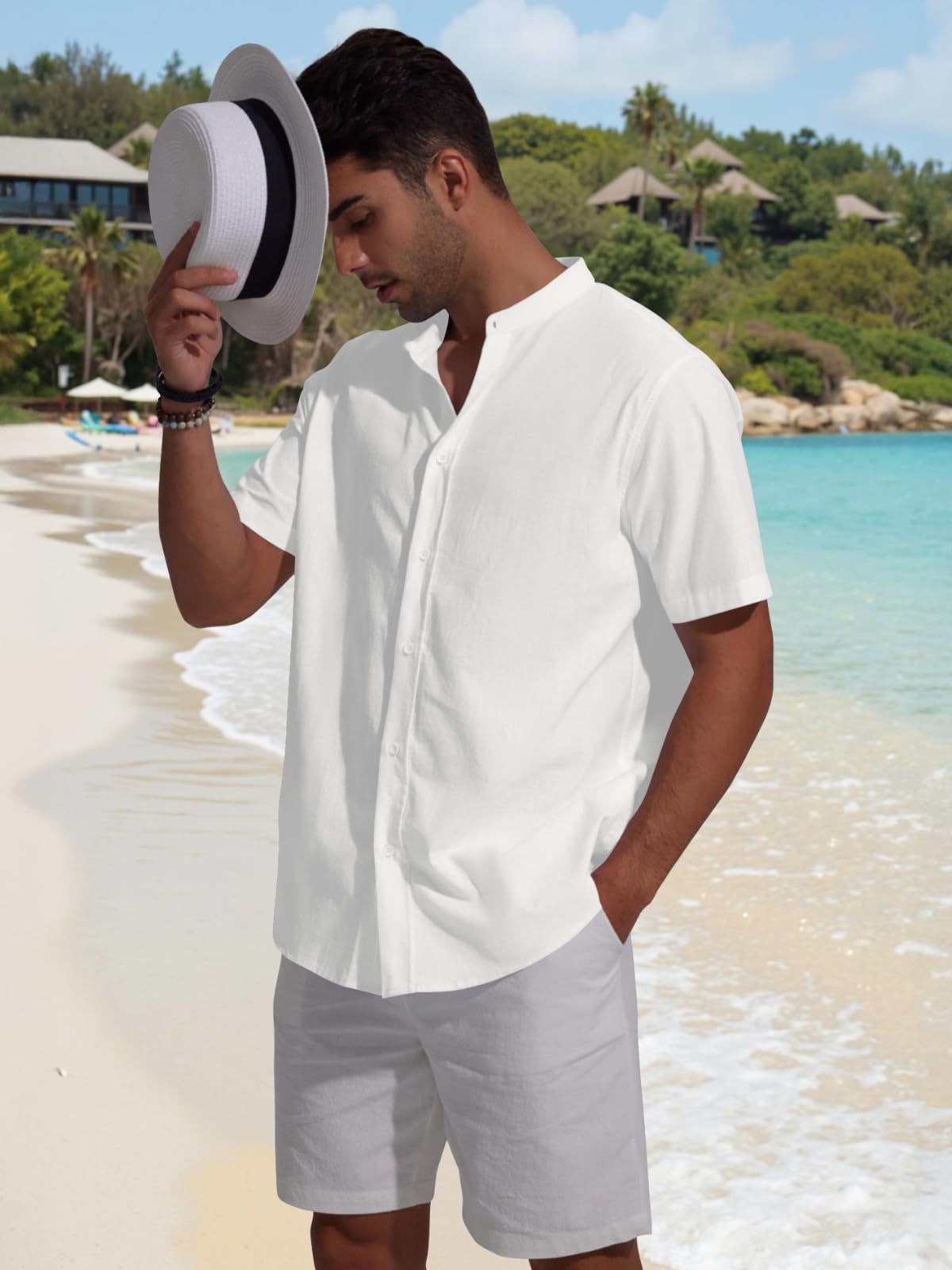 Friptspyg Leinenhemd Herren Kurzarm Baumwolle Leinen Hemd Freizeit Sommerhemd Button-Down Strandhemd
