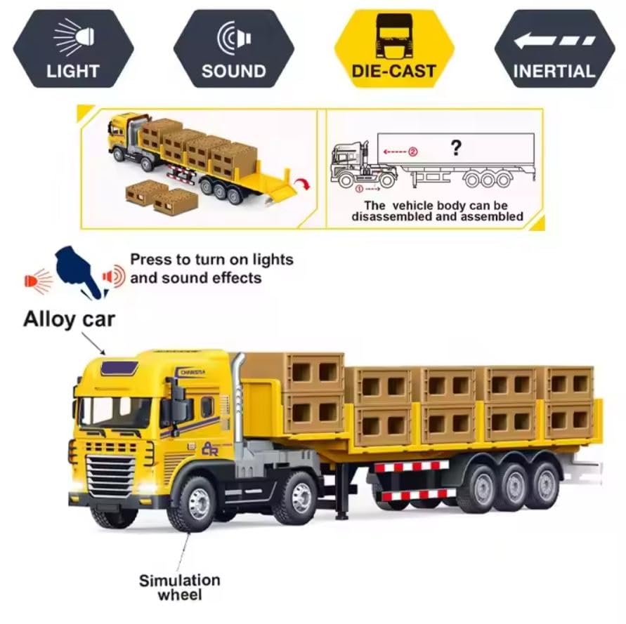 Image of Friction Powered Logistic Transport Truck Toy for Kids Boys Girls Big Size 1:24 Die cast Alloy Model Caret Container Truck with Light Sound Pull Back Vehicle (Multicolor, Pack of 1)