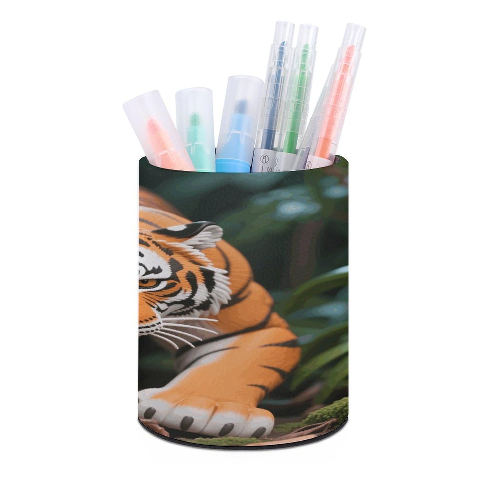 VstaDank Fierce Tiger Pen Holder Round Pencil Holder Cup Pen Container PU Leather Desk Organizer Stand Decor Brush Scissor Holders Decoration Office Desk Home (3.1 X 3.9 Inches)