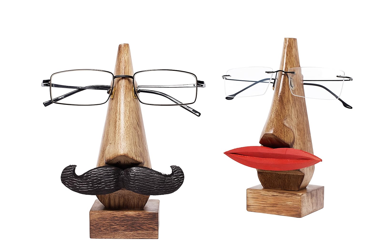 Father's Day Gifts Moustache & Lips Wooden Eyeglass Spectacle Holder Brown Stand for Him & Her - Pack of 2