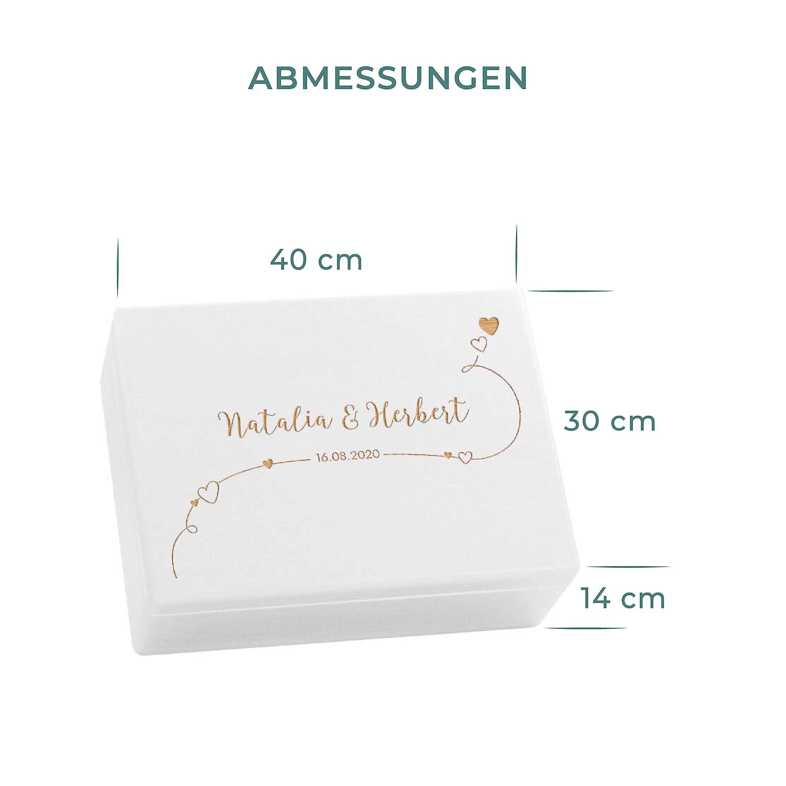 LAUBLUST Personalisierte Hochzeitskiste Erinnerung mit Herzen - Hochzeits Erinnerungsbox mit Gravur - Willich Serie | Erinnerung Hochzeit - FSC® (Weiß ohne Verschluss, ca. 40 x 30 x 14 cm | L)